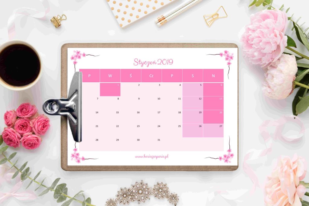 Różowy kalendarz na styczeń 2019
