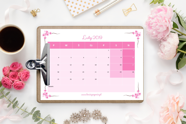 różowe kalendarze na luty 2019